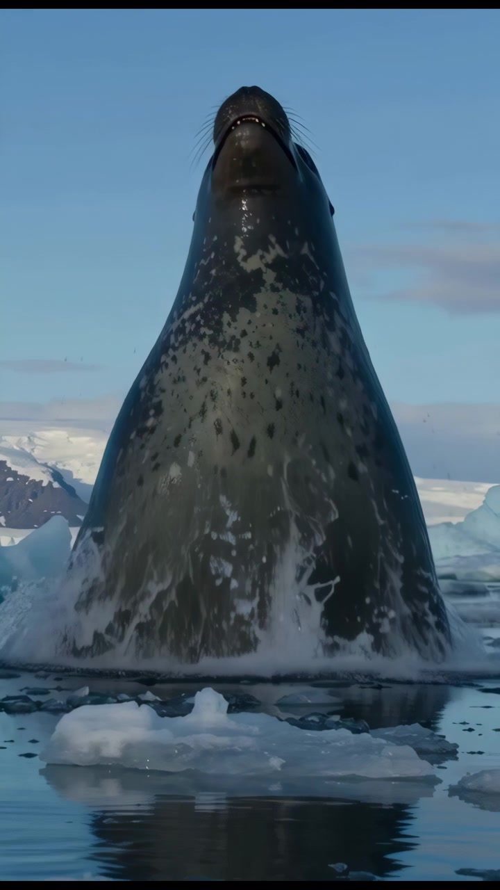 Enorme foca emergiendo del agua antártica salpicada de icebergs, con rocío y reflejo, primer plano de su piel moteada.