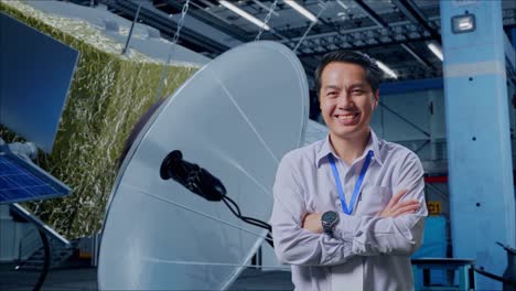 ingeniero en una instalación de fabricación de satélites