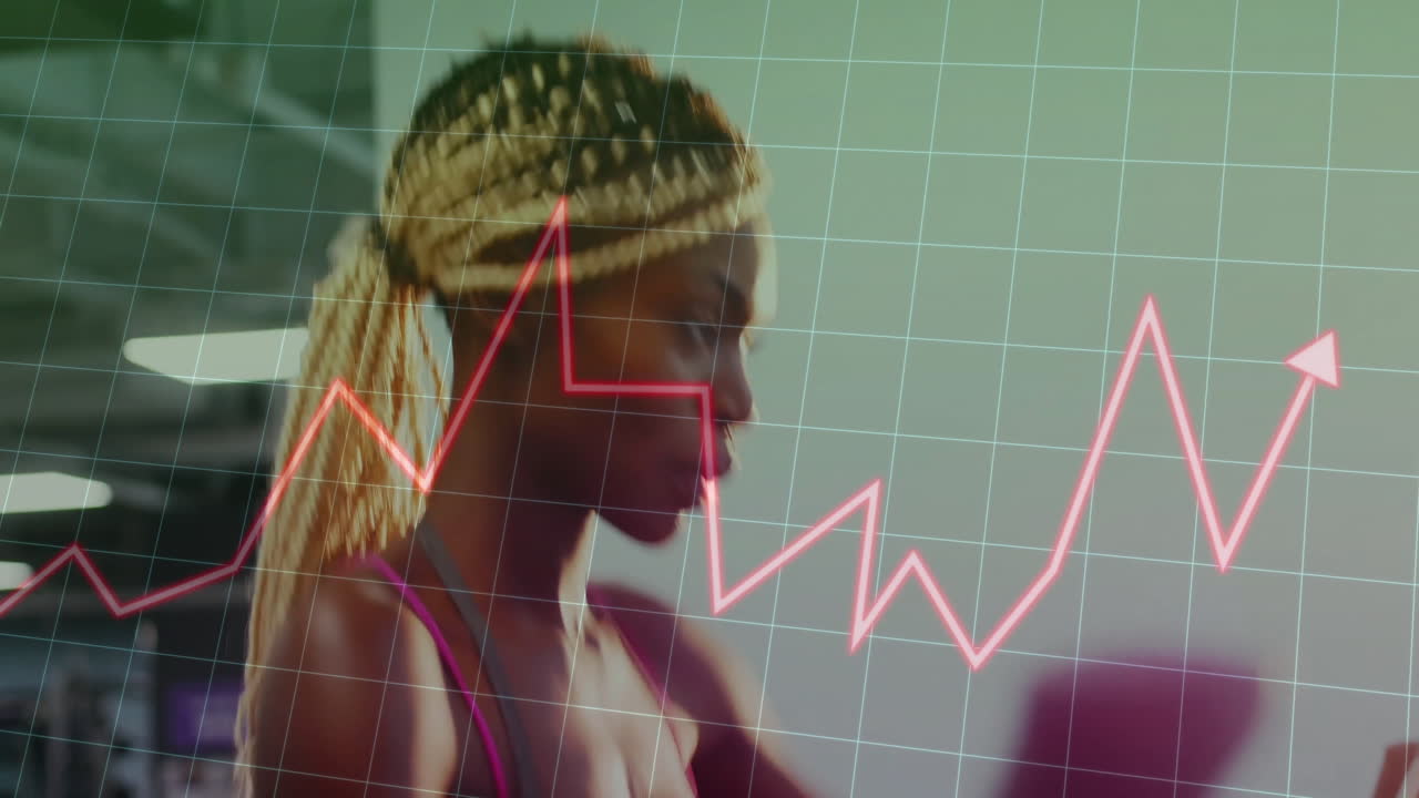 Exercising on treadmill, woman with rising graph animation overlay in gym