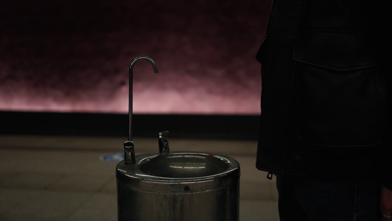 A person presses the tap on a public water fountain, making the water flow in a simple everyday moment captured in an outdoor urban setting
