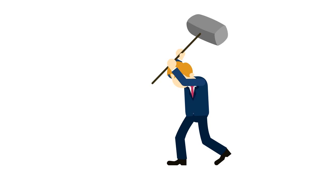 Uomo d'affari che sfonda il muro. Concetto di libertà e sfida. Illustrazione in loop in stile piatto