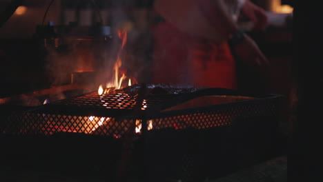 person placing reindeer meat over flaming glowing barbecue embers at night