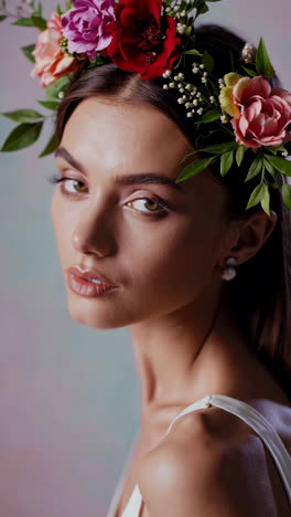 close-up portrait of a beautiful woman wearing a floral crown