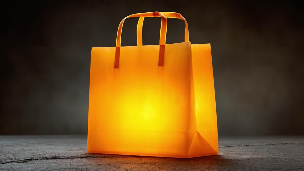 Illuminated Orange Shopping Bag Displaying Unique Design and Texture Against a Dark Background, Showcasing Modern Retail Aesthetics and Packaging Innovations