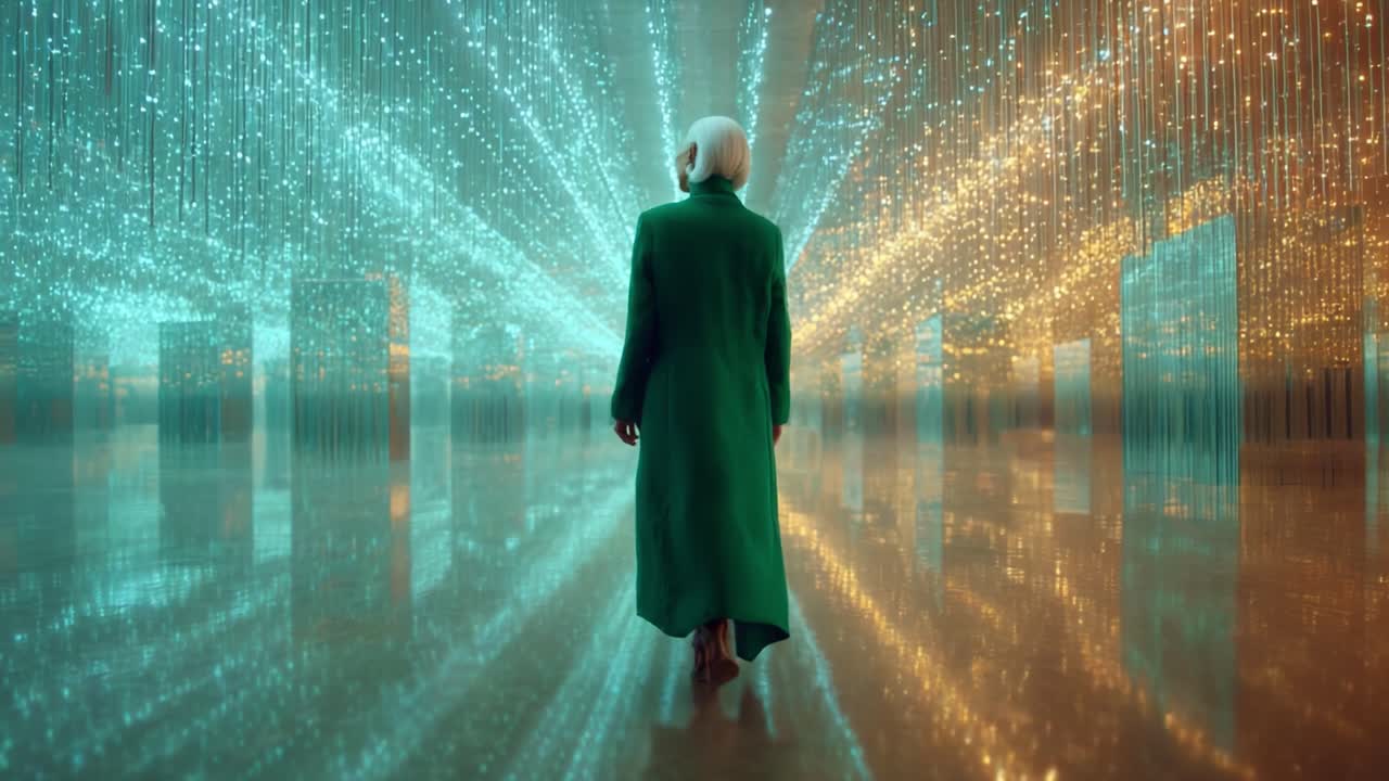 A mesmerizing figure walks through a kaleidoscopic space filled with dazzling lights and reflections, creating a stunning visual journey in an enchanting, illuminated environment