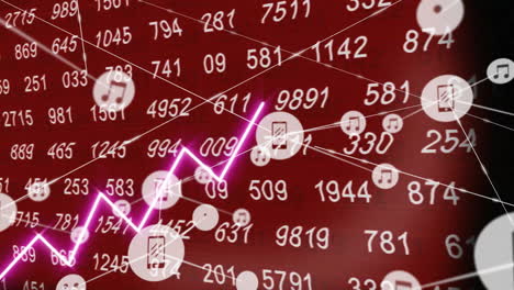 Financial-data-and-digital-icons-animation-over-red-background-with-numbers