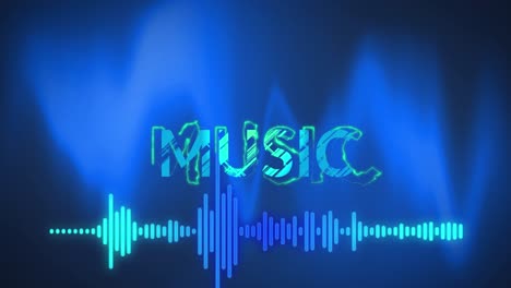 animation of music text and frequency meter over blue soundwaves on black background