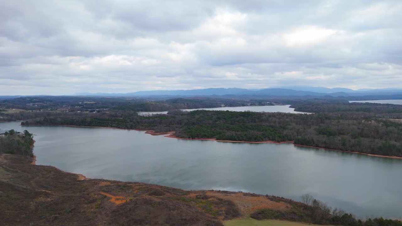 Aerial shot of the lake in Fort Loudoun State Park in Tennessee.