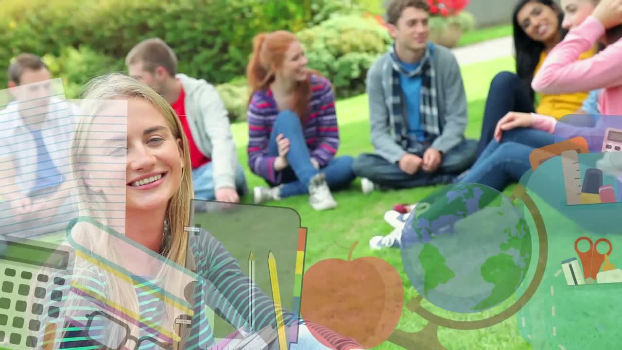 múltiples iconos escolares contra el retrato de una estudiante universitaria caucásica sonriendo sentada en la hierba