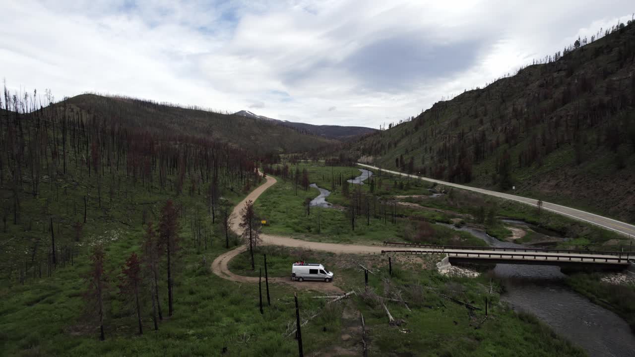 Dronevideo, der viser en fredfyldt campingplads med en autocamper i frodige bakker langs bugtende flodveje. Nyd det rolige naturlandskab set fra luften.