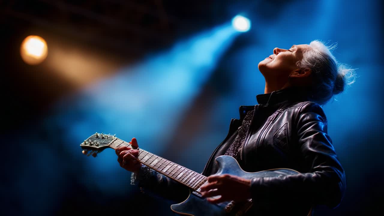 A passionate musician lost in the moment, illuminated under stage lights, passionately playing an electric guitar, embodying the spirit of live music and creative expression