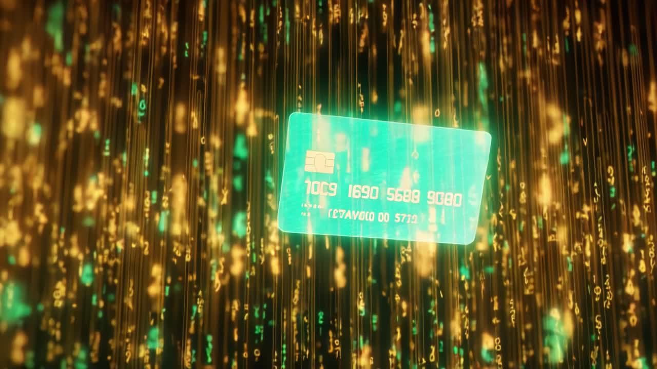 Luminous virtual credit card floating amidst a golden digital rain of binary code, symbolizing fintech innovation, online payment systems, and secure e commerce transactions in a matrix environment