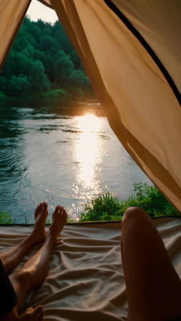 relaxing view from a tent by the river at sunset