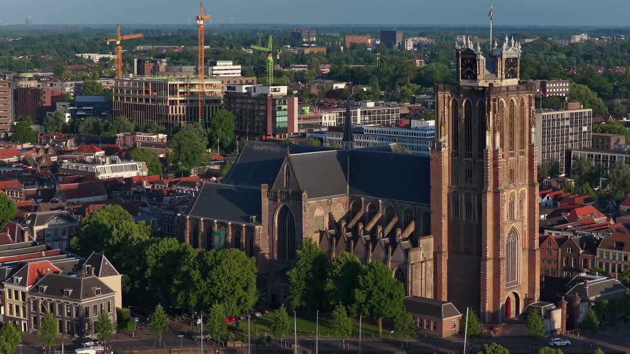 Panorama drone view of the Grote Kerk of Dordrecht aka the Church of Our Lady, Dordrecht, Zuid-Holland, Netherlands