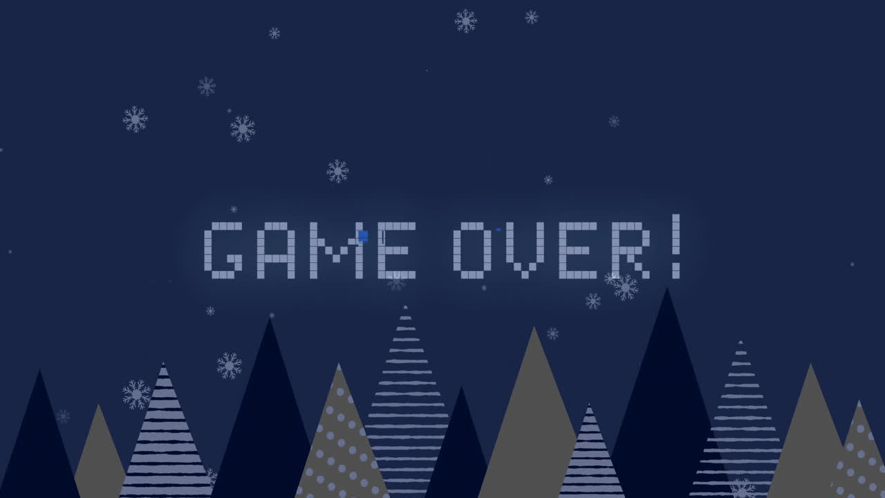 Animazione di testo "Game Quiz" su fiocchi di neve e alberi stilizzati in una scena invernale