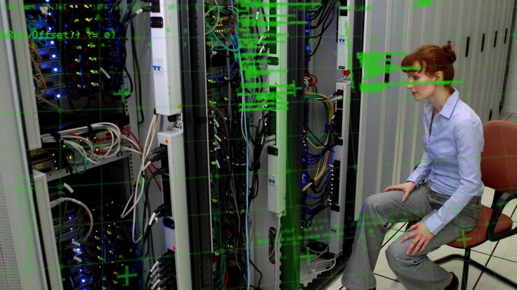 Animation of data processing over caucasian woman in server room