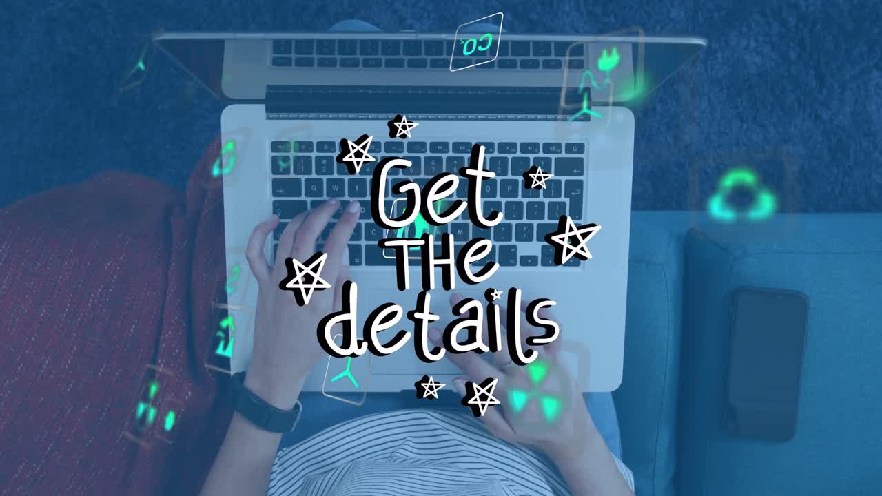 Animation of get the details text over caucasian woman using laptop