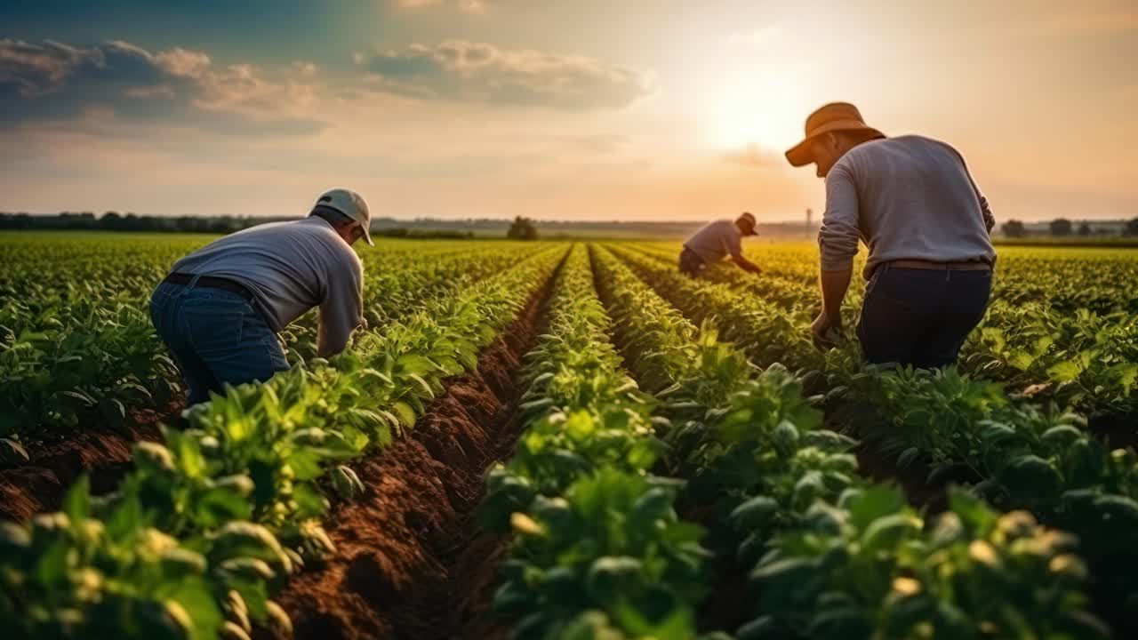 Un vídeo en ángulo bajo capta a unos agricultores cuidando de sus cosechas al atardecer, lo que destaca la vida rural y la agricultura.
