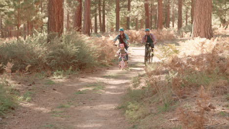 pareja de hombres en bicicleta con su hija en el bosque, vista frontal, filmado en r3d