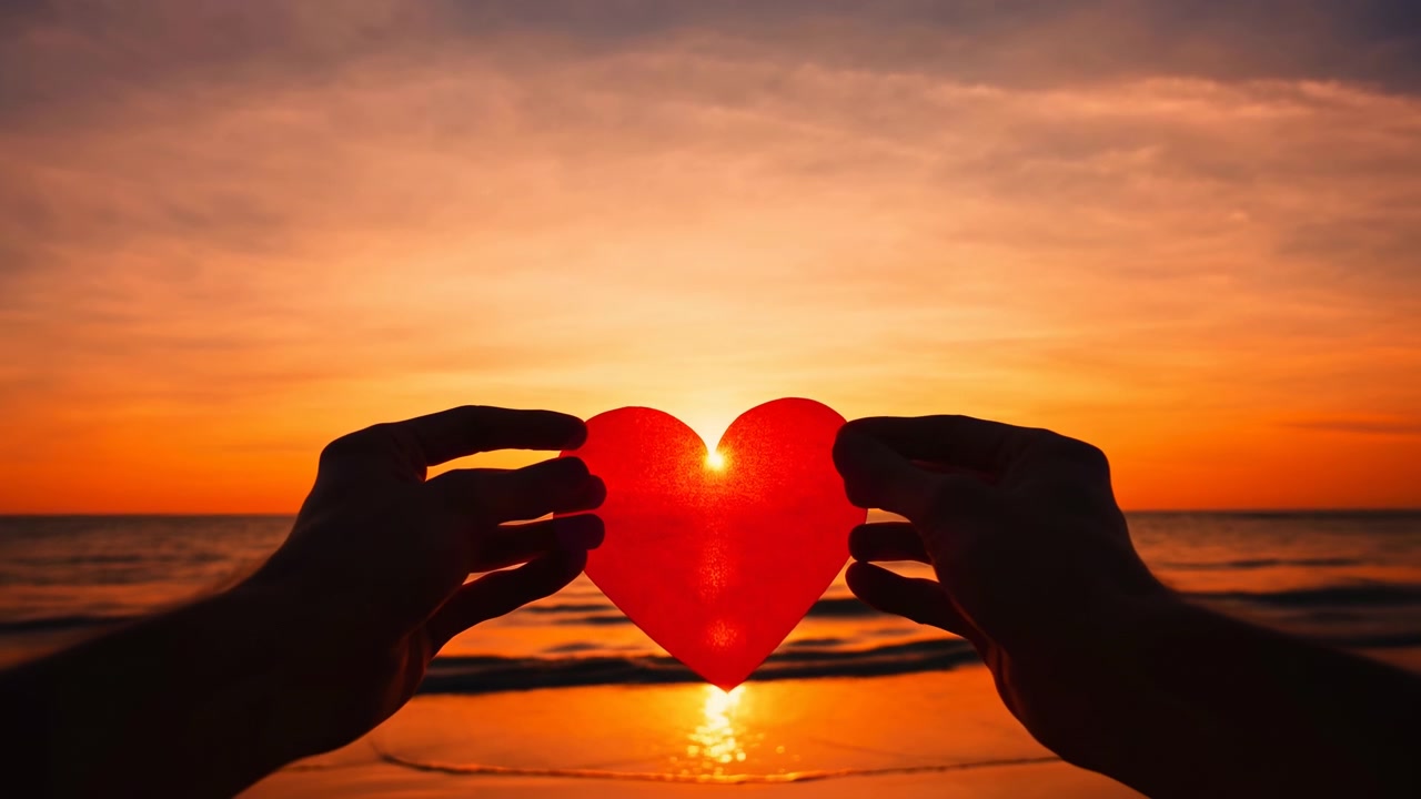 Duas mãos seguram uma forma de coração vermelho em primeiro plano enquanto um pôr do sol brilhante ilumina o mar calmo e o vasto horizonte com reflexos laranja quentes.