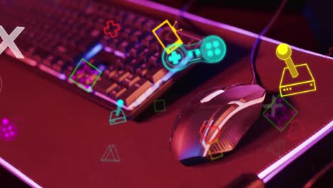 animación de iconos de neón sobre equipos informáticos de videojuegos