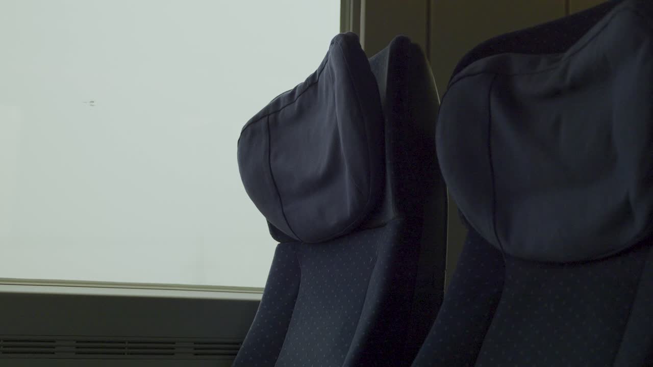 Quiet and serene interior of a German ICE train, showing empty seats and snow outside