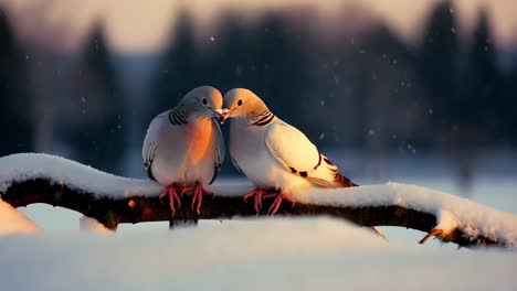 two pigeons in winter snow