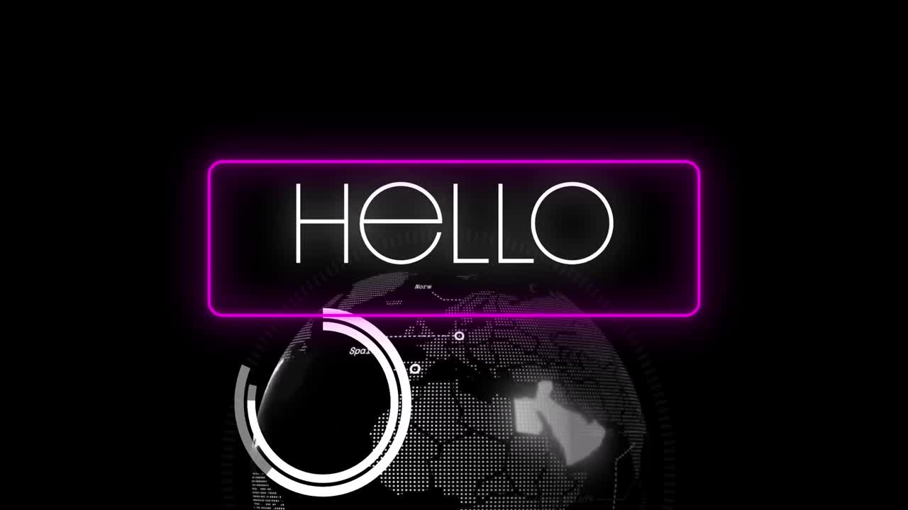 Animation of hello text over globe on dark background