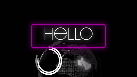 animación del texto de saludo sobre el globo sobre un fondo oscuro