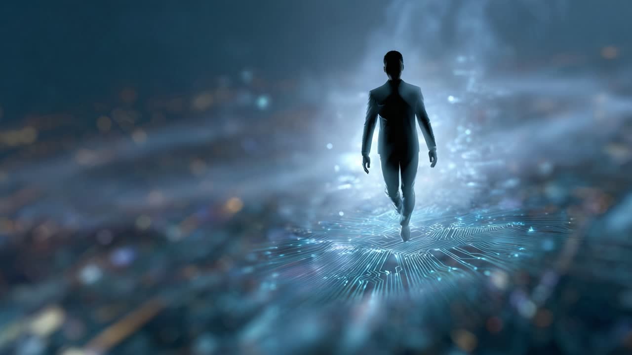 A solitary figure walks through a cosmic digital landscape, shrouded in a mystical glow, symbolizing the intersection of humanity and technology in a vast universe