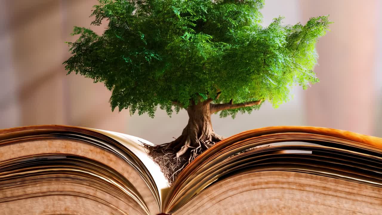 An amazing display of a vibrant green tree emerging from the pages of an open book. This visual represents the connection between knowledge and the natural world. The tree stands tall, illustrating the idea that wisdom flourishes like nature. A warm, soft background enhances the enchanting view. Thi