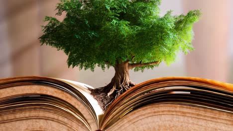 an amazing display of a vibrant green tree emerging from the pages of an open book. this visual represents the connection between knowledge and the natural world. the tree stands tall, illustrating the idea that wisdom flourishes like nature. a warm, soft background enhances the enchanting view. thi