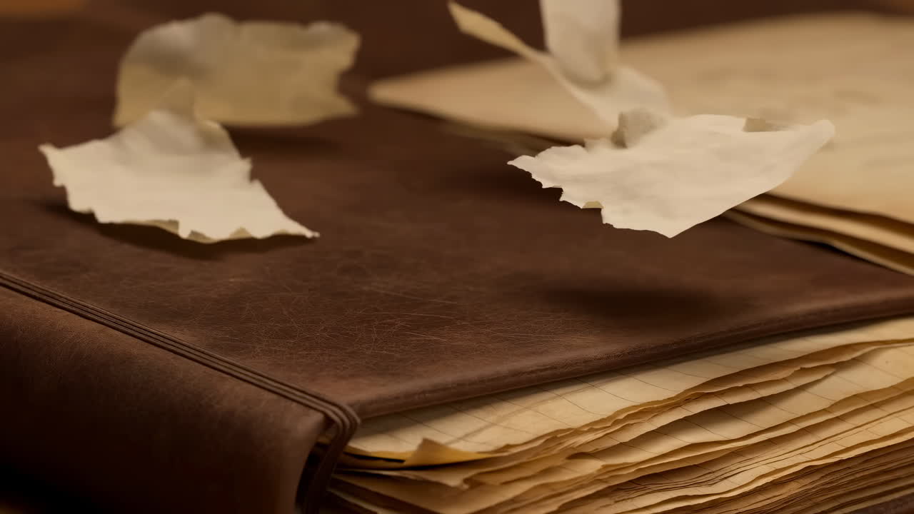 Carta strappata vintage che cade su un vecchio libro rilegato in pelle.