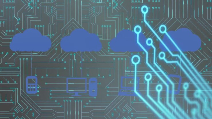 Animation of clouds, computer icons over integrated circuit