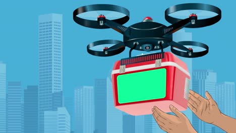 A-Drone-Delivering-a-Red-Supplies-Box-with-a-Green-Screen-Patch-that-can-Be-Customized-is-Provided-on-the-Box-and-a-Person's-Hands-are-Shown-Receiving-the-Package