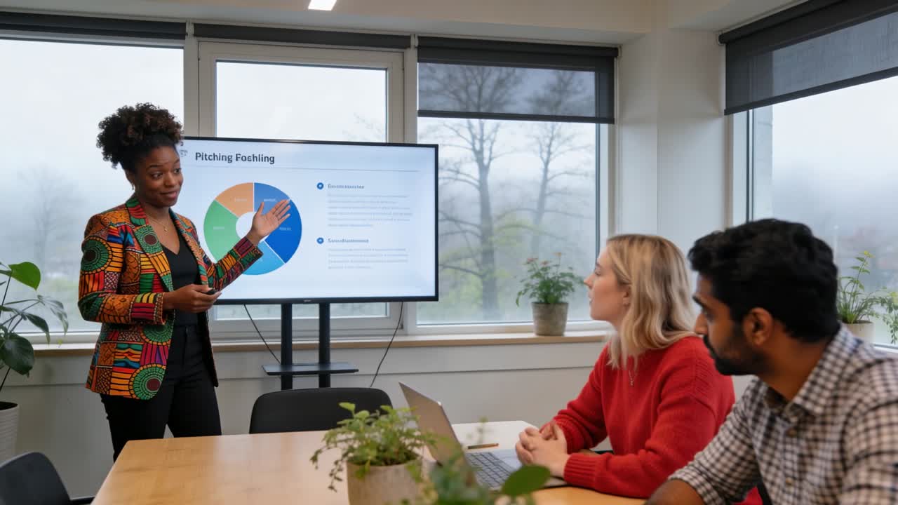 Clicking remote, presenter in blazer explaining pie chart to colleagues in meeting room, copy space
