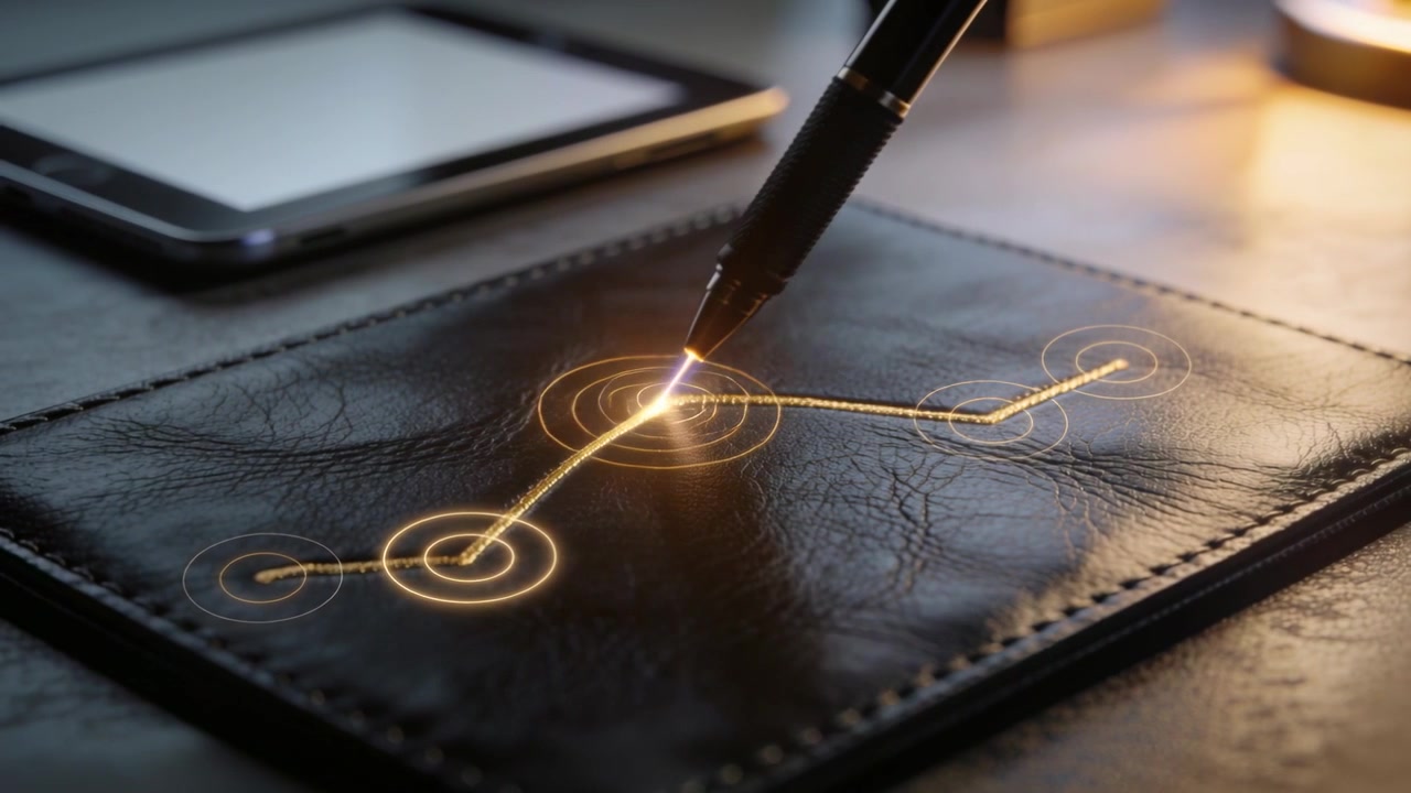 Hovering stylus tip lighting golden nodes, completing connection on leather pad with tablet, lamp
