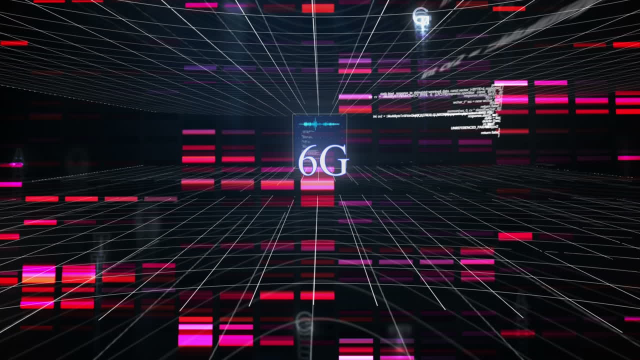 animación de texto y procesamiento de datos de 6g sobre fondo negro