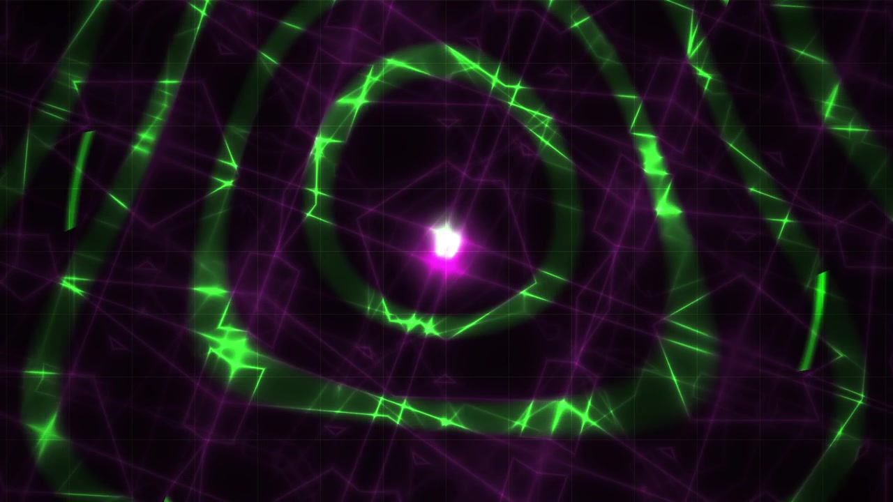 Motivo geometrico neon astratto con luce verde e viola pulsante