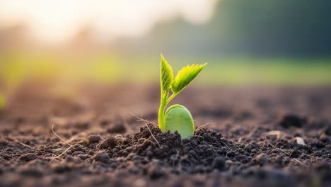 a vibrant green sprout emerges from the soil at sunrise