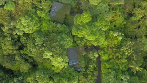 sustainable jungle accommodation with solar power on roof in central america, top down