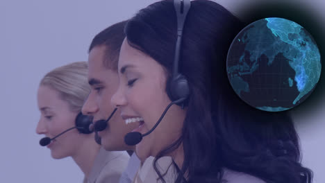 animation of globe over business people using phone headsets