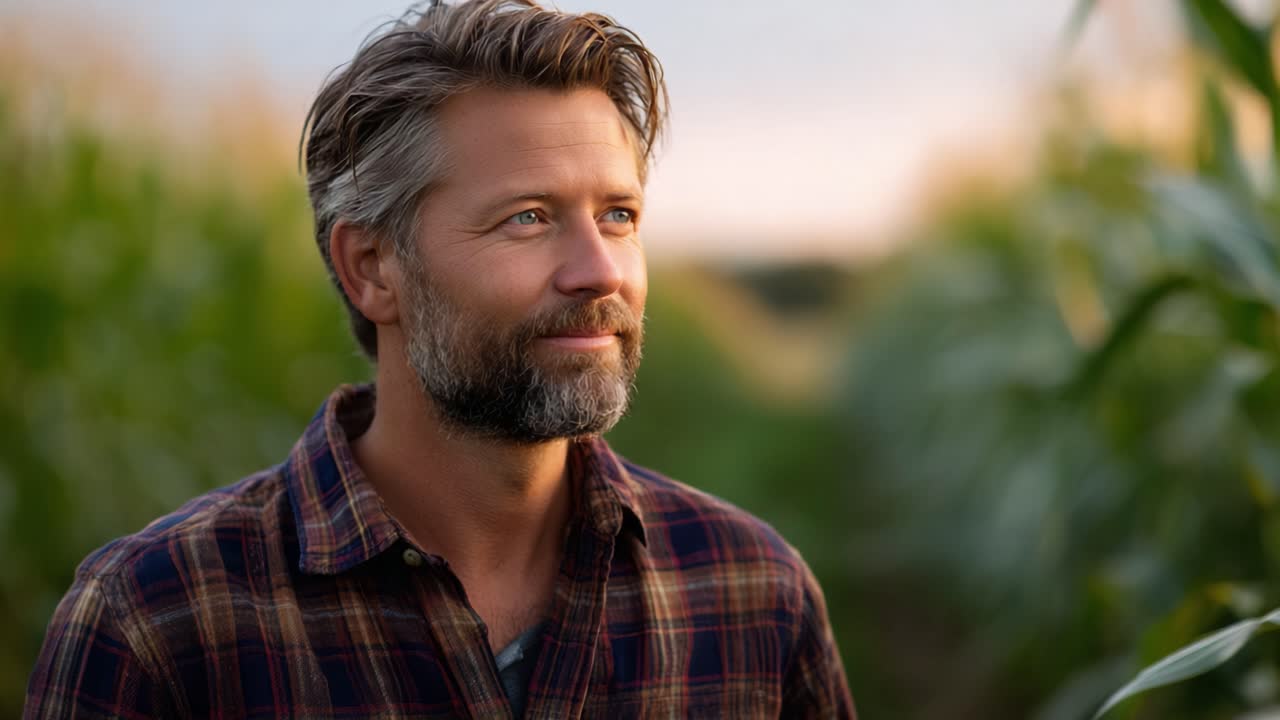 Contemplative Moment: A Man Pausing in a Lush Green Cornfield as the Sun Sets, Reflecting on Life's Journey Amidst the Beauty of Nature's Harvest