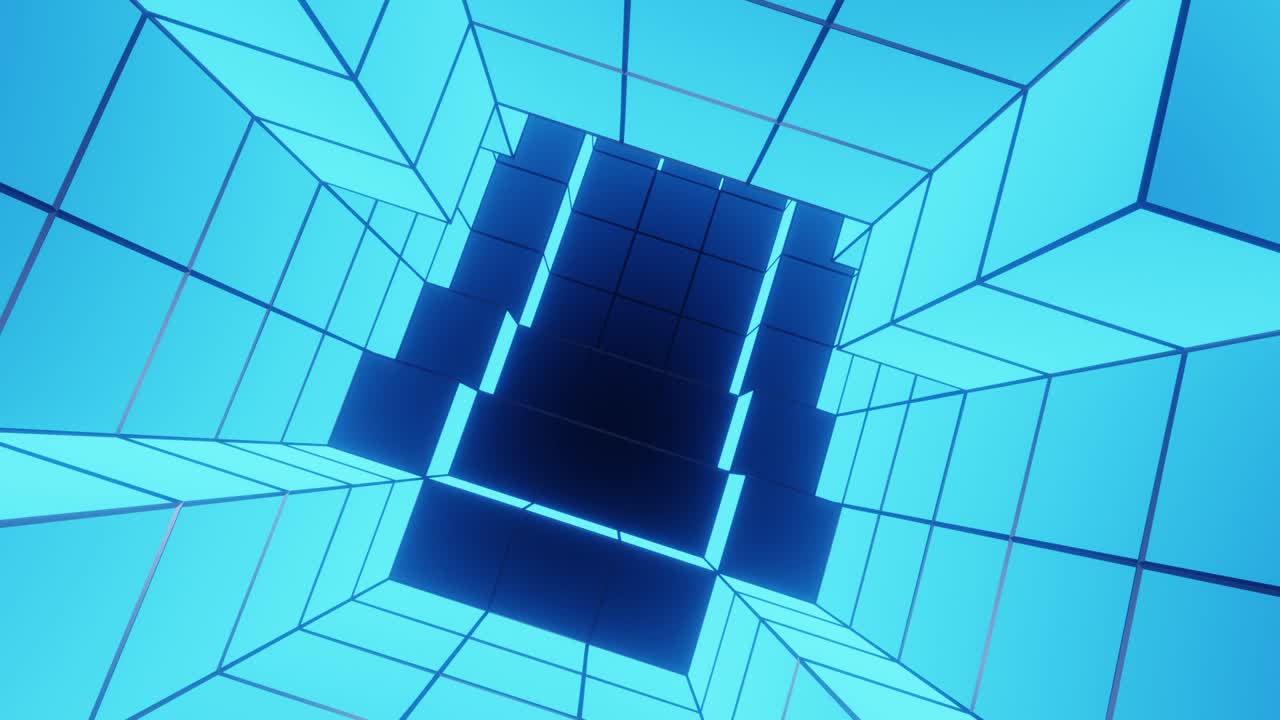 vi bucle de fondo del viaje a través de la habitación cúbica de neón azul