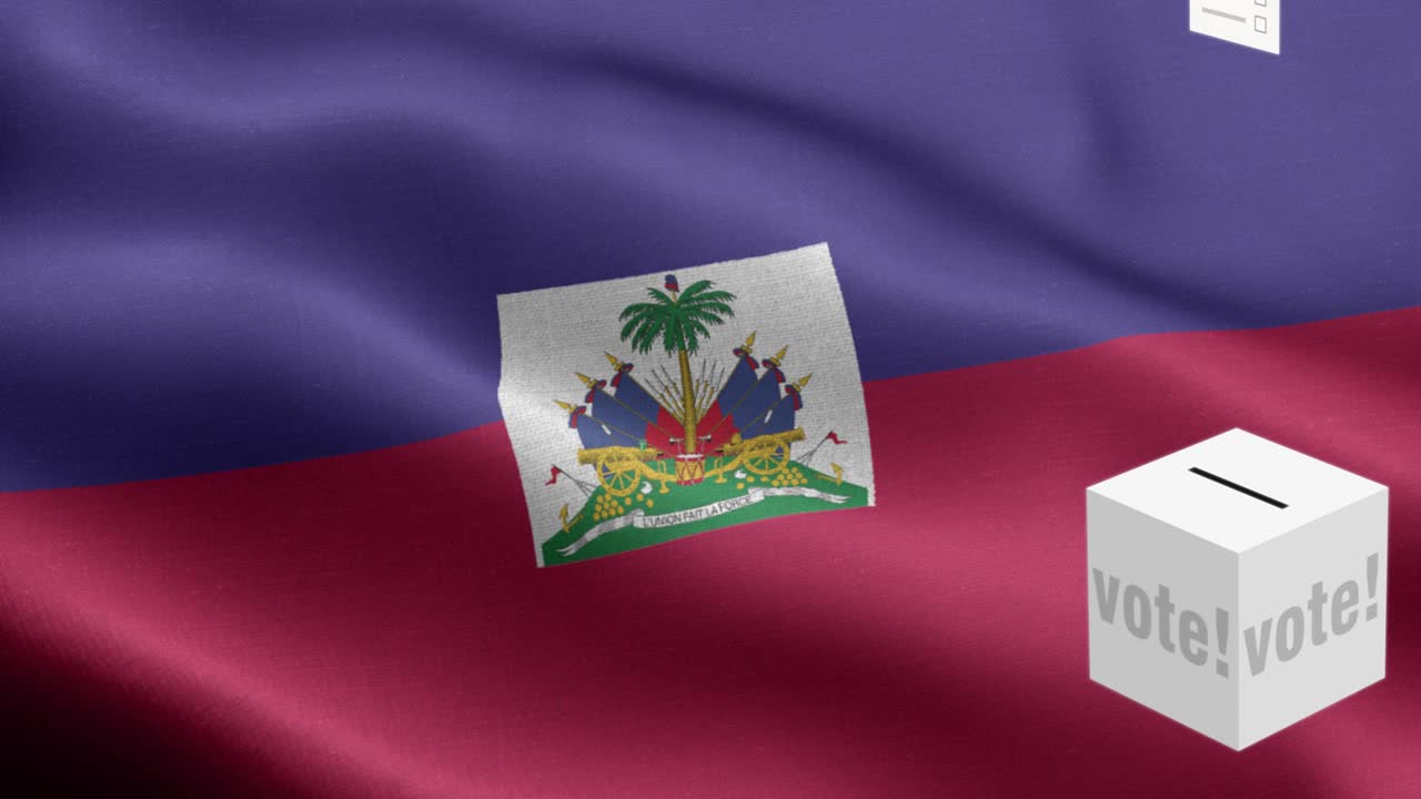 투표용지가 하이티를 위해 박스에 날아갑니다. 선택 - 발 앞의 투표용지 - 선거 - 투표 - 하이티의 발 - 하이치 발 높은 세부 사항 - 국가 발 하이티 파동 패턴 루프 가능한 요소 - 직물 질감과 끝없는 루프