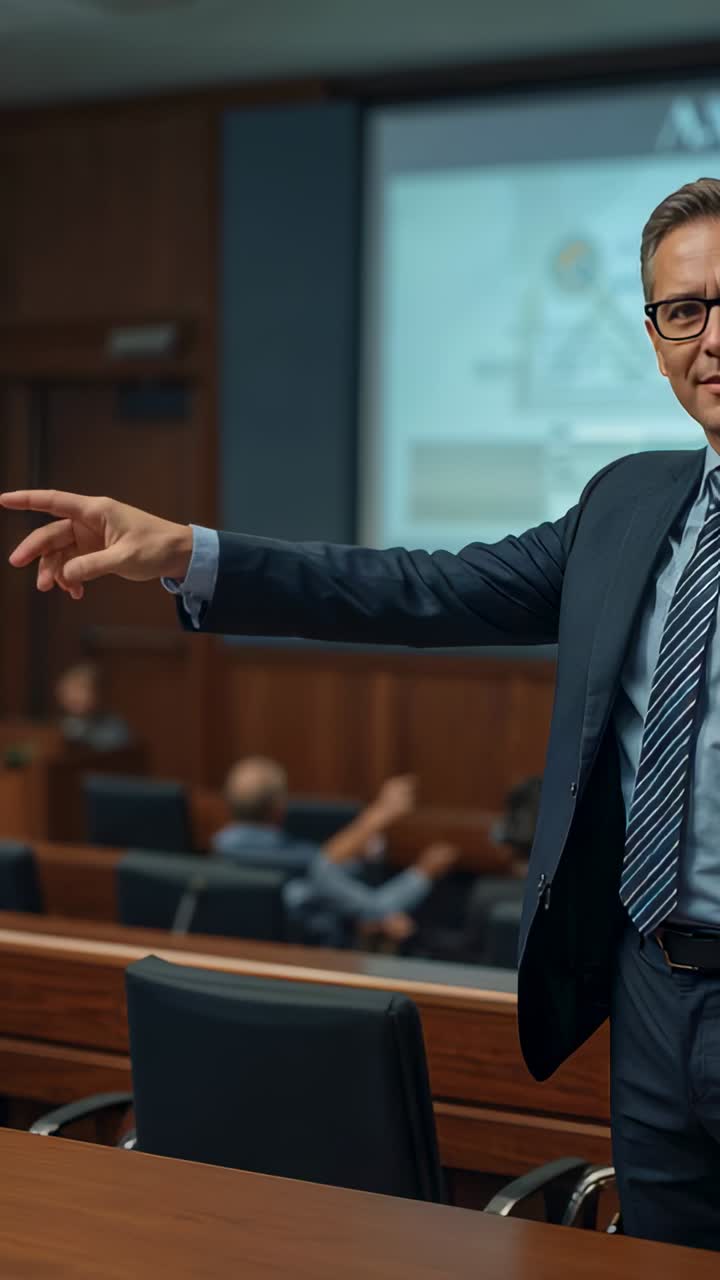 Vertical video: Pointing man in suit calling on attendees as hands raising at courtroom screen