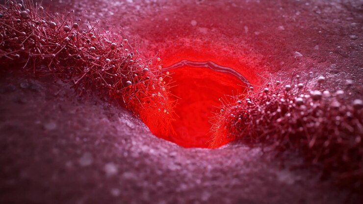 Showing central pore deepening, inner red glow emerging under microscope, revealing rings filaments