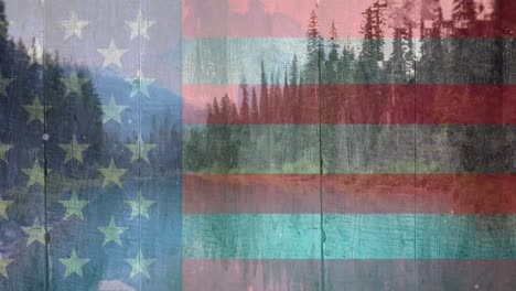 american flag and forest landscape