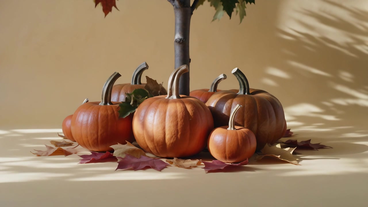 Starting camera pullback revealing central pumpkins with leaves and trunk on tabletop set for decor