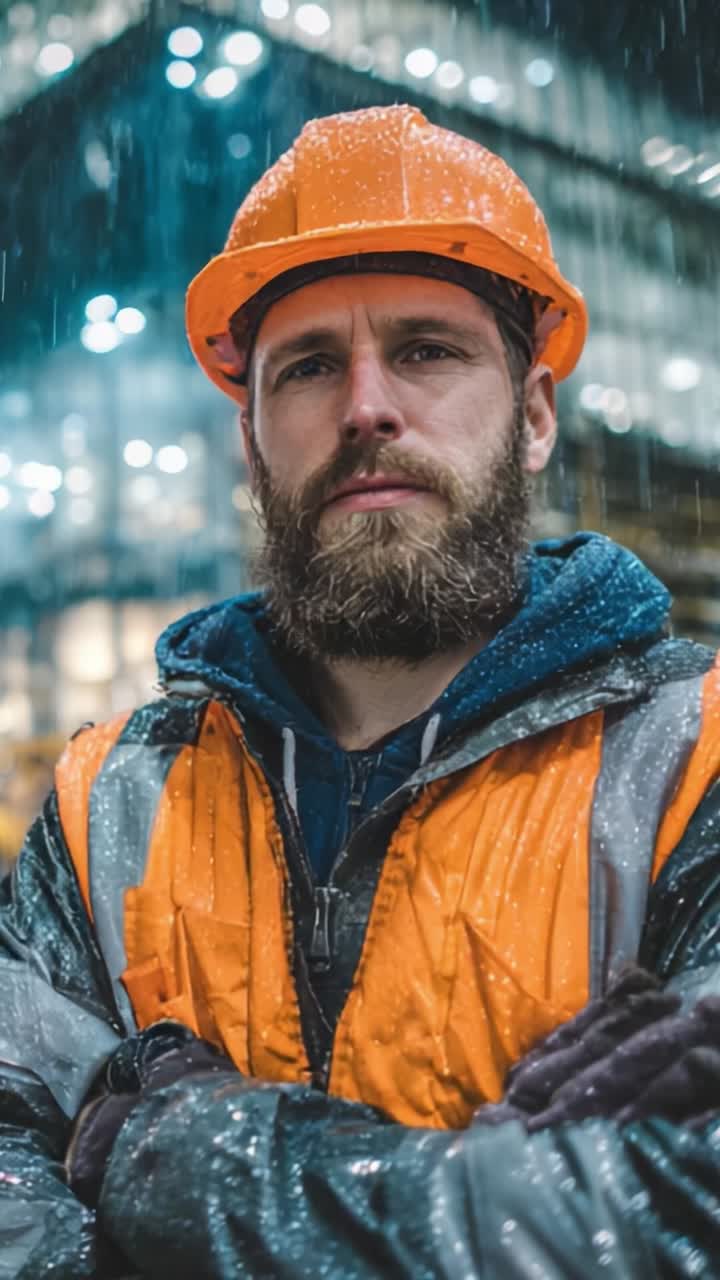 Determined Construction Worker Stands Confidently in the Rain, Wearing Safety Gear and Reflective Jacket, Showcasing Resilience in Challenging Weather Conditions